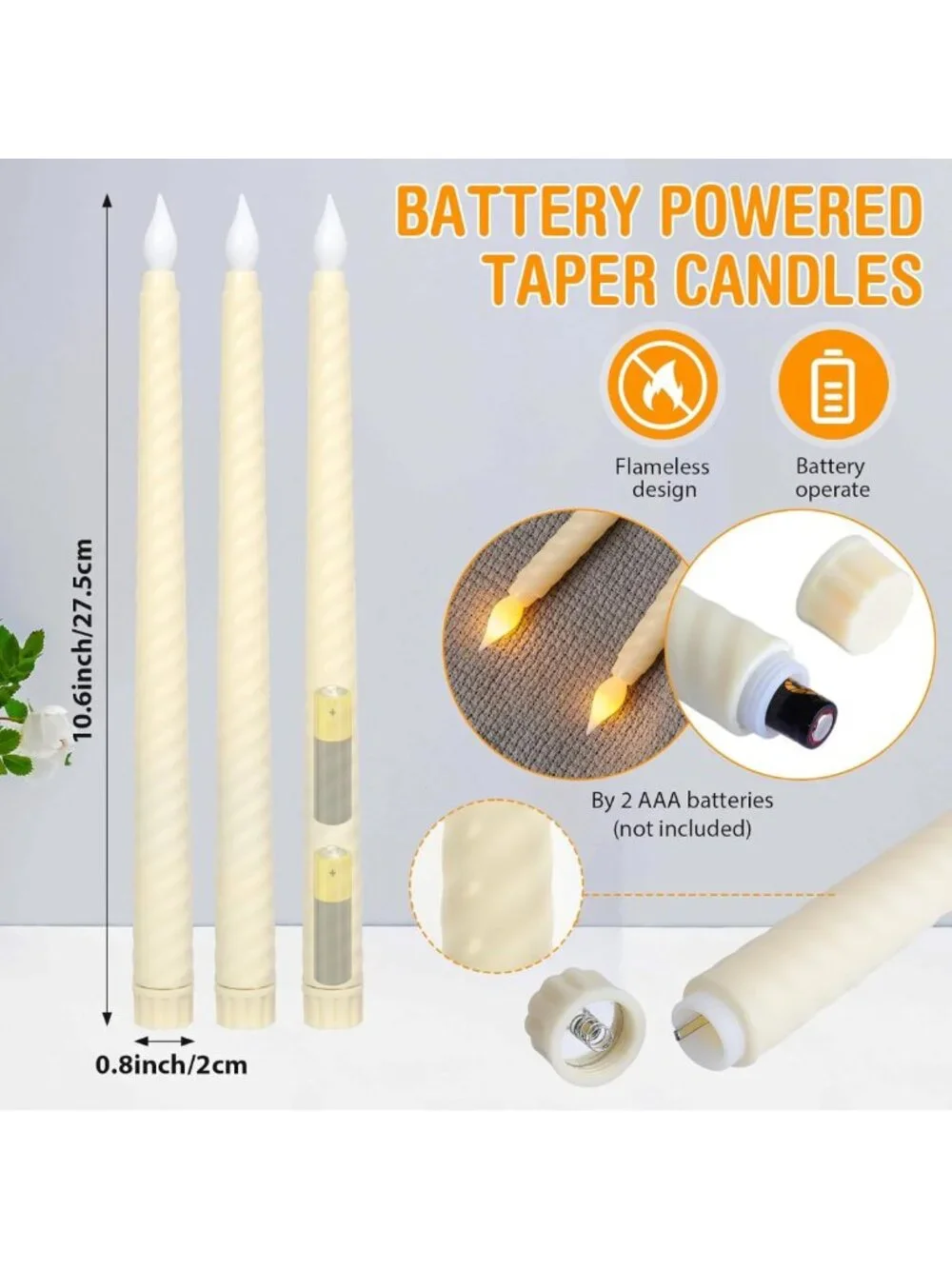 50 Pack Pastel Flameless Taper Candles 10.6